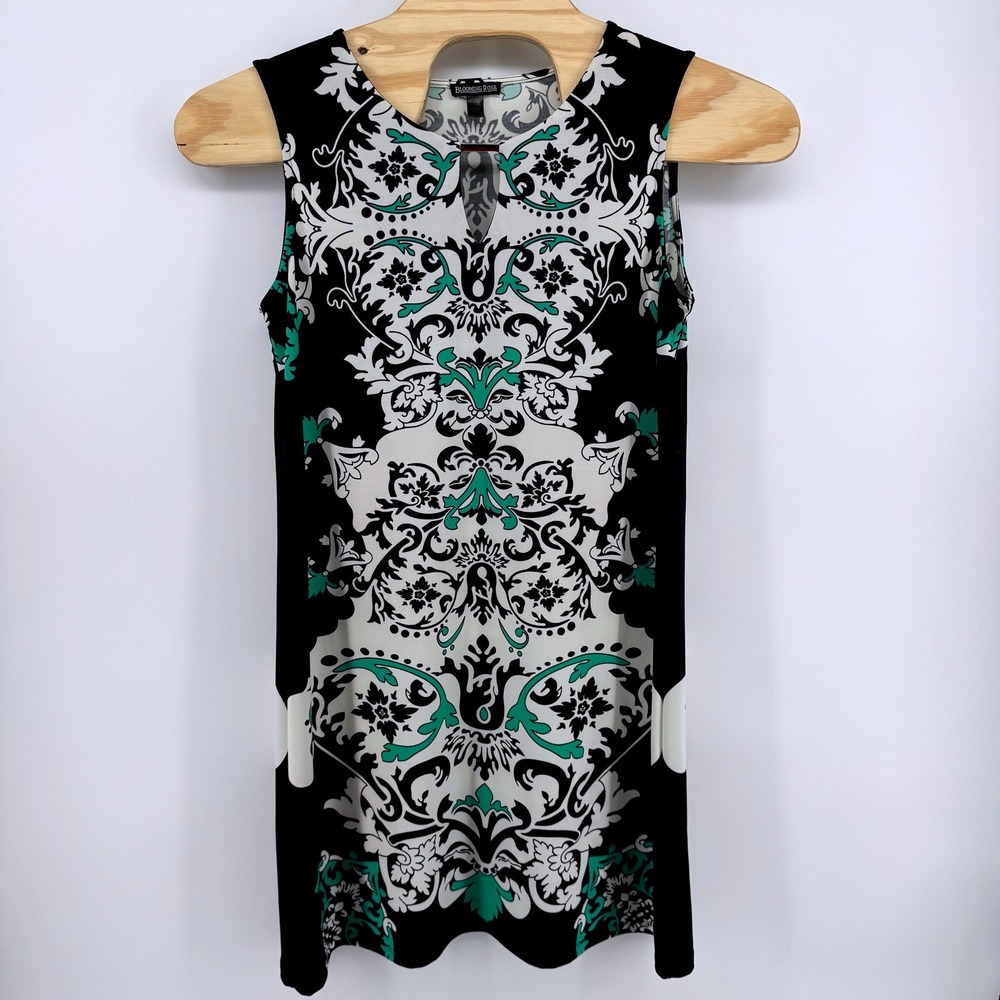 Blooming Rose Shift‎ Dress Women Large Black Green White Damask Keyhole Bar Neck